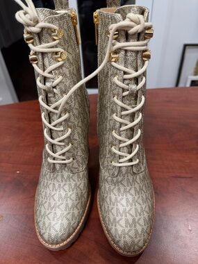 Michael Kors Metallic Gold Lace-Up Logo Combat Boots